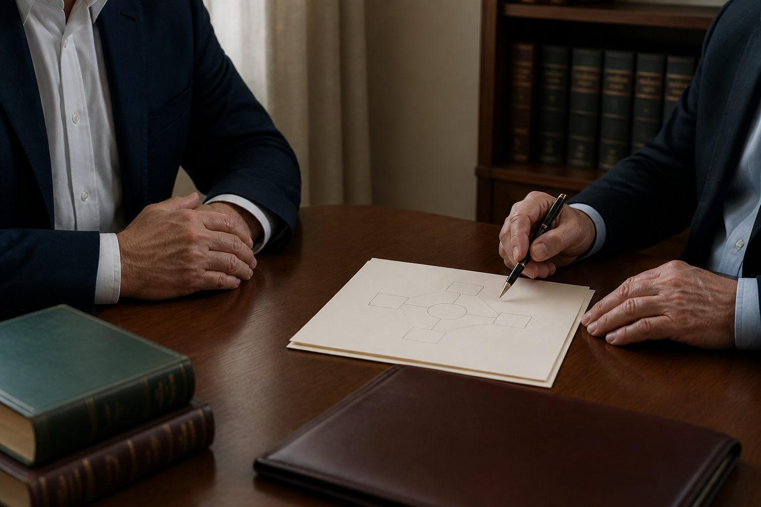 A discreet working conversation over a simple unlabelled structure diagram