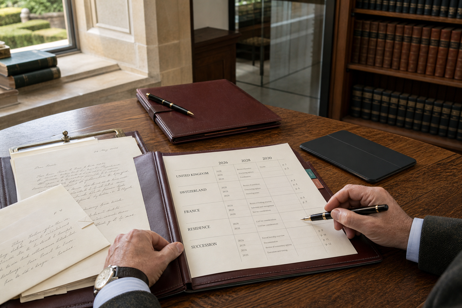 A cross-border case file with dated United Kingdom, Switzerland, France, residence and succession review headings