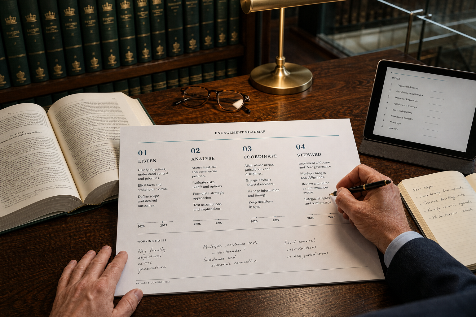 A detailed engagement roadmap showing listen, analyse, coordinate and steward stages in a law library