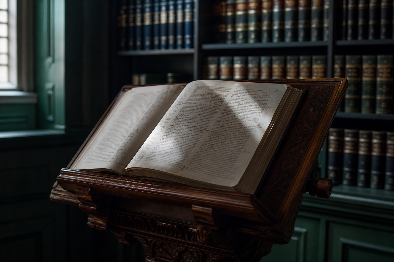 An open historic law report in a quiet scholarly library