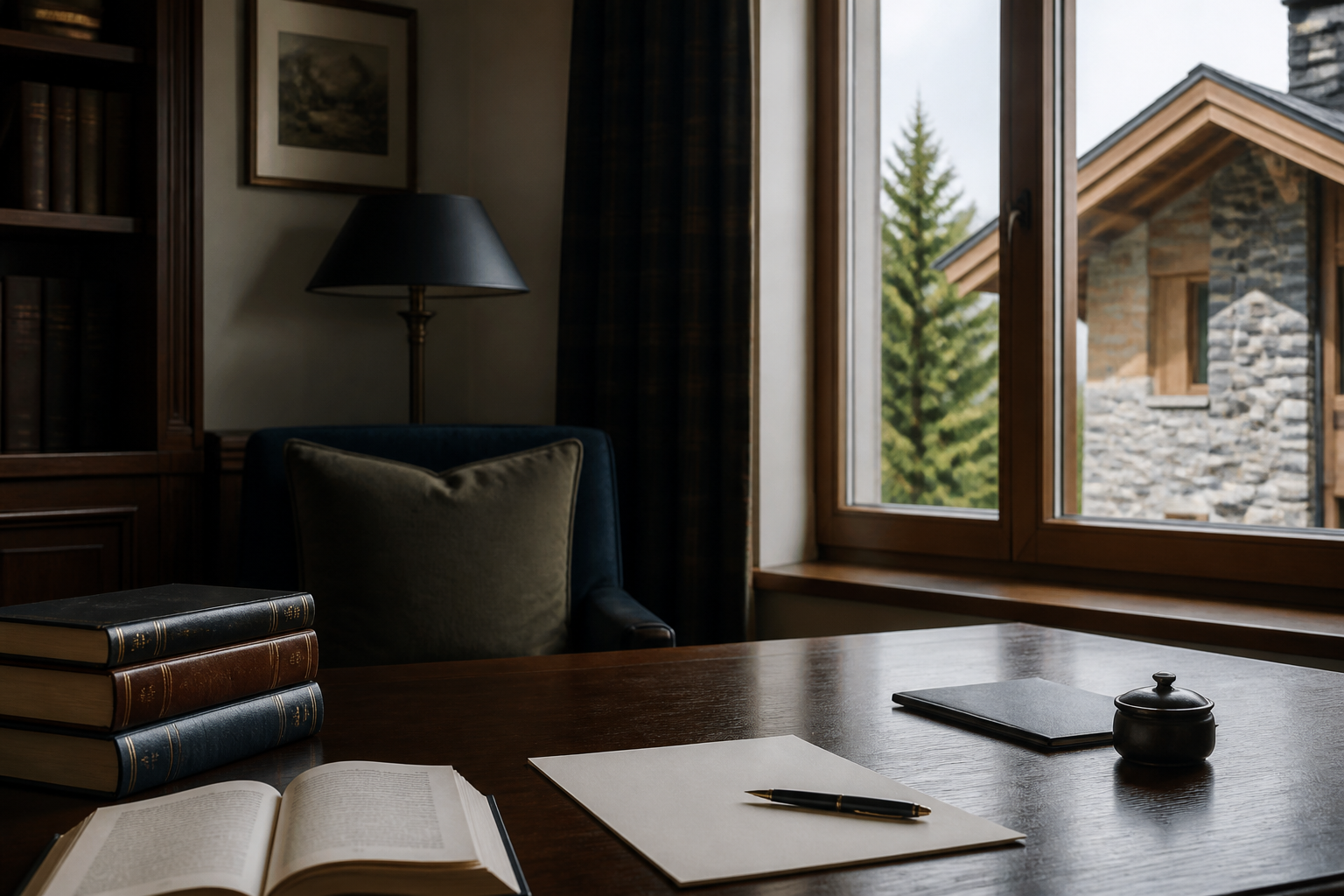 A quiet alpine study with law books and writing desk
